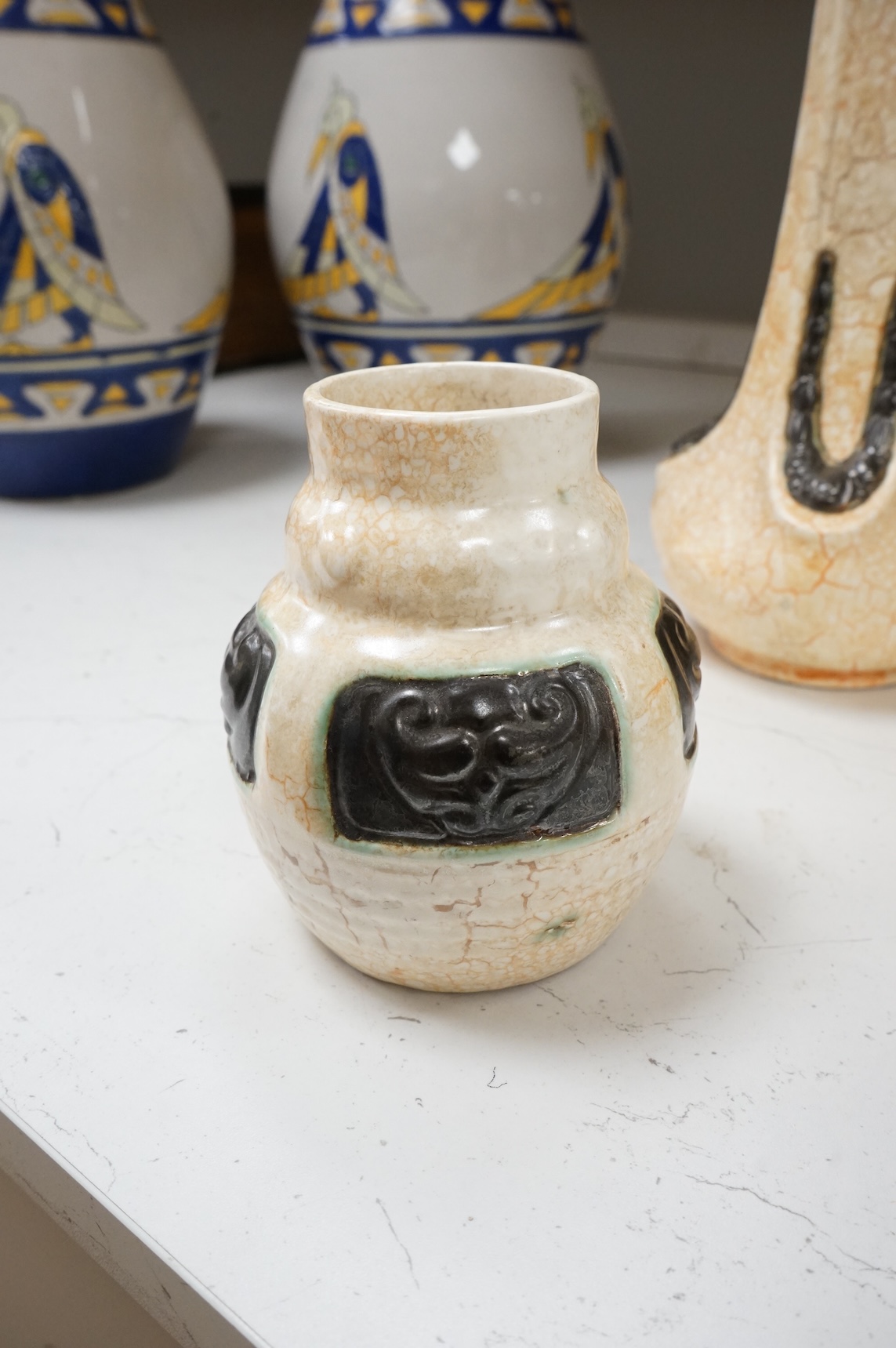 A collection of mostly vases and a comport, of Czech Ditmar Urbach glazed pottery, comport 20cm diameter